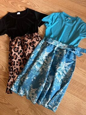 Two Girls' Dresses - Black/Leopard and Teal Floral Set size 9